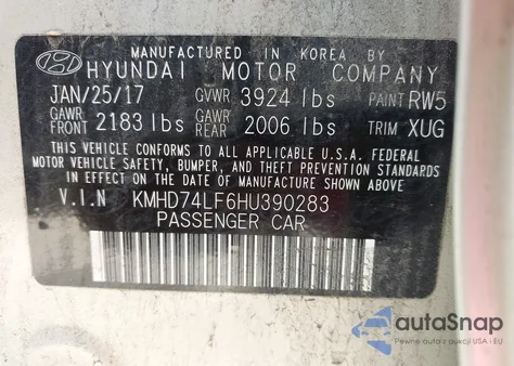 2017 Hyundai Elantra Se z USA, uszkodzony, nr VIN KMHD74LF6HU390283